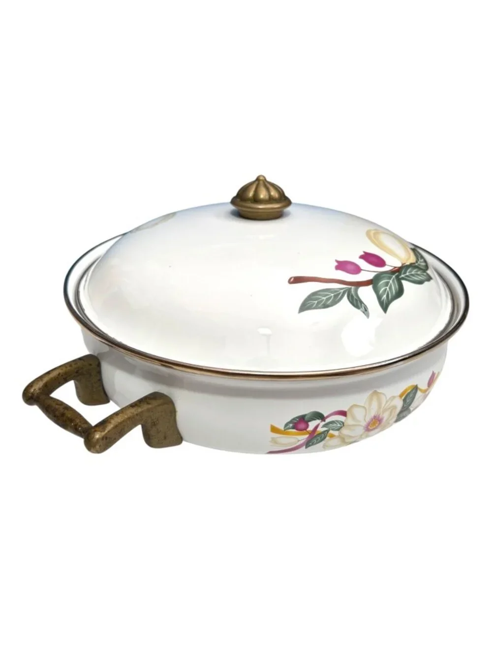 Vintage Floral Ceramic Casserole Dish With Lid & Brass Handles Hand-Painted Desi